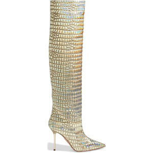 New AQUAZZURA Boreal Metallic Croc-Embossed Over-The-Knee Boots $1250 Size 7 37